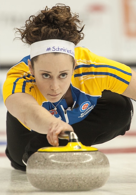 Joanne Courtney, in action last season at the Scotties Tournament of Hearts with Team Alberta, will be at the 2015 Scotties in Moose Jaw, Sask., as a member of Rachel Homan's Team Canada foursome. (Photo, CCA/Andrew Klaver)