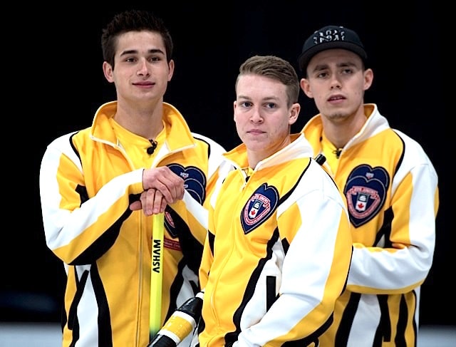 Stratford Ont.Jan 30 2016.Canadian Junior Curling Championship. Manitoba lead Rob Gordon, second Kyle Doering, third Colton Lott, (Curling Canada/ michael burns photo)