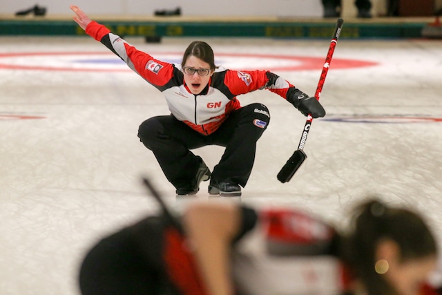Team Canada skip Mary Fay calls off her sweepers during action at the 2016 World Junior Curling Championships in Taarnby, Denmark (WCF/Richard Gray photo)
